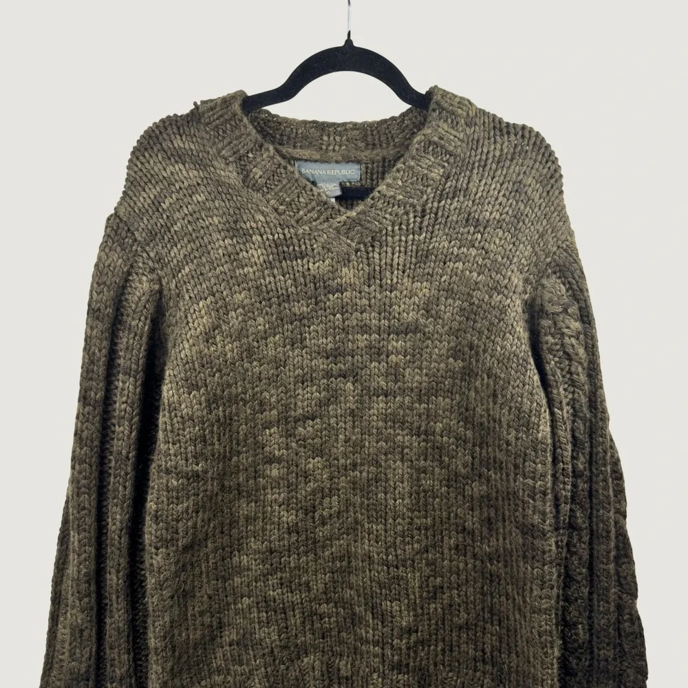 Banana Republic Wool Sweater Men XL Green Chunky V-Neck Cable Knit Gorpcore Warm